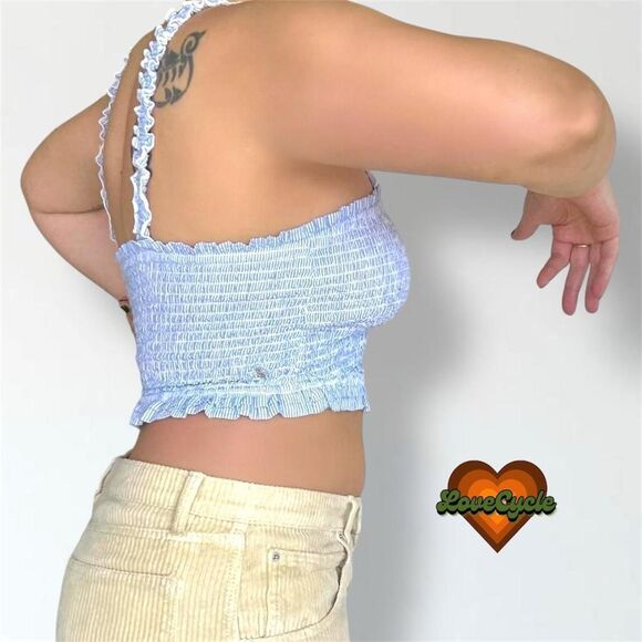 Women's True Img Blue & White Striped Ruffle Cami Crop Top - Picture 3 of 5